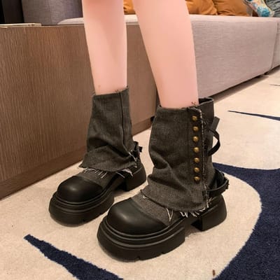 Dameslaarzen Nieuwe Mid-Calf Laarzen voor Dames Mode Platformlaars Ademende Canvas Cowboylaarzen voor Dames Motorlaarzen 35 zwart