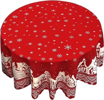 Kerst tafelkleed rond kerst tafelkleed wasbaar polyester sneeuwvlok tafelkleed kerst tafelkleed kerstfeest tafelkleed (rood A)