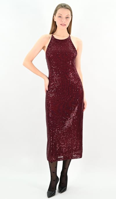 YesMooi - Cocktailjurk met Pailletten - Burgundy - Sequinned Midi Dress - XXL (44)