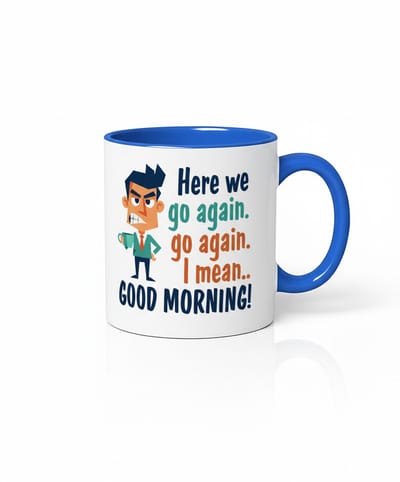 Grappige Koffiemok - Hier Gaan We Weer - Goedemorgen! - Unieke Mok voor Koffieliefhebbers