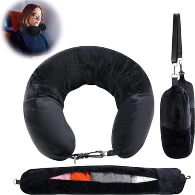 Oreiller de voyage pour le cou avec taie d'oreiller en vêtements remplissables, oreiller en U, sac de rangement supplémentaire, housse d'oreiller douce pour le cou, essentiel portable pour les voyages en avion