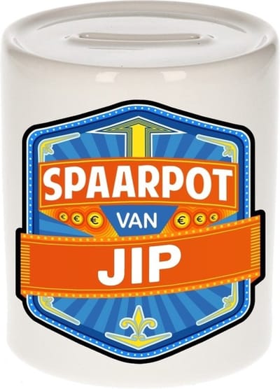 Bellatio Decorations Kinder spaarpot met naam - Jip - keramiek - met dop - wit - Sparen - Spaargeld van Jip