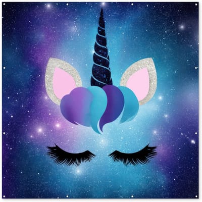 Tuinposter 200x200 cm - Tuindecoratie Eenhoorn - Sterren - Magisch - Blauw - Poster voor in de tuin - Buiten decoratie - Schutting tuinschilderij - Tuindoek muurdecoratie - Wanddecoratie balkondoek