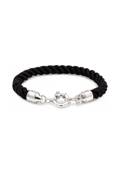 KUZZOI - Armband - Armband Heren Gedraaid Textiel Zwart Veersluiting Sterling Zilver 925 21 cm -