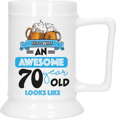 Bellatio Decoration Cadeau Bierpul voor 70 jaar - blauw - grappige leeftijd bierpul - keramiek