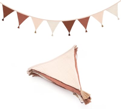 Pennant Necklace voor Kinderkamer met Tassels in Beige en Bruin - 2.8m Dubbelzijdige Vlaggenlijn van Muslin, Ideaal voor Baby- en Kinderbedden, Speelse Decoratie voor Jongens en Meisjes
