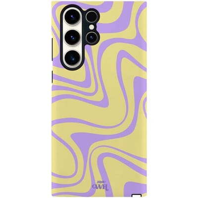 xoxo Wildhearts Sunny Side Up - Hoesje geschikt voor Samsung Galaxy S24 Ultra - Siliconen hoesje met dubbele beschermlaag - Luxe case - Stevige backcover - Golvenprint - Golvend patroon - golven - Geel / Paars