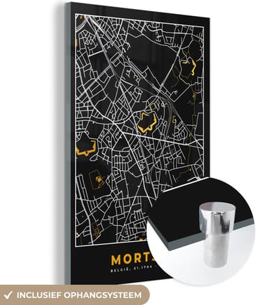 MuchoWow® Glasschilderij 120x180 cm - Schilderij acrylglas - Kaart - Goud - Stadskaart - Plattegrond - Mortsel - Foto op glas - Schilderijen