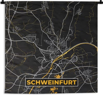 Wandkleed - Wanddoek - Duitsland – Black and Gold – Schweinfurt – Stadskaart – Kaart – Plattegrond - 180x180 cm - Wandtapijt