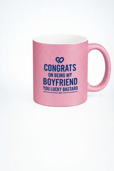 Grappige Roze Glitter Mok 'Congrats on Being My Boyfriend You Lucky Bastard' - Uniek Cadeau Vriend