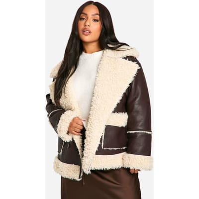 boohoo Dames Plus Borg Trim Jacket | Chocoladebruin | Maat: 44
