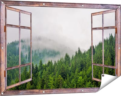 Gards Tuinposter Doorkijk Groen Bos met Bomen tijdens de Mist - 120x80 cm - Tuindoek - Tuindecoratie - Wanddecoratie buiten - Tuinschilderij
