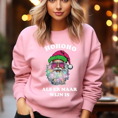 Foute oversized kersttrui- Hohoho Als er maar wijn is- roze oversized sweater- maat S