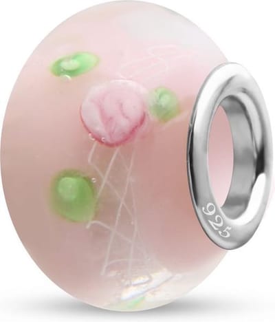 Quiges - 925 - Sterling - zilver - Glazen - Kraal - Bedels - Beads - Roze met Rozen - Past op alle bekende merken - Armband GZ025