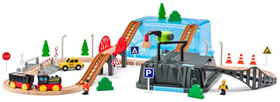 Woody treinset speelgoed in box - houten en kunststof treinbaan.