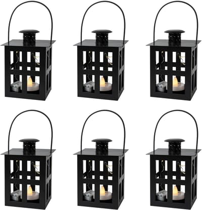 Mini Lantaarns Set - Decoratieve Kaars Lantaarns - Buiten Decoratie - Met LED Theelicht - 6 stuks - Zwart