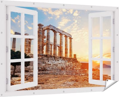 Gards Tuinposter Doorkijk Tempel van Poseidon in Athene, Griekenland - 180x120 cm - Tuindoek - Tuindecoratie - Wanddecoratie buiten - Tuinschilderij
