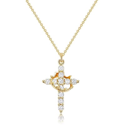 YAGXIG Vrouwenkroonkruisketting, 14K vergulde kroonkruishangerketting, eenvoudige gouden diamantenketting, geloofskruissieraden, eerste communieketting