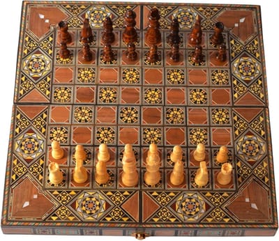 Houten Schaakset - Spelbord Combinatie - Gezellig Spelen - Handgemaakt Mozaïek - 40 x 40 cm - Bruin