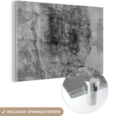 Glasschilderij - Zwart - Steen - Wit - Industrieel - 150x100 cm - Wanddecoratie - Decoratie woonkamer