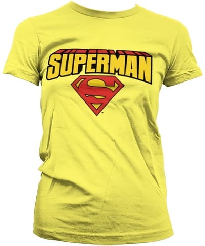 Superman T-shirt voor dames met logo in blokletters, meisjesachtig, geel