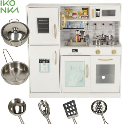 Houten Kinderkeuken Mini 3+ Montessori Stijl - Complete Mini Keuken met Oven, Koelkast, Magnetron, Vaatwasser, LED-Verlichting en Krijtbord - Realistisch Speelkeukentje voor Peuters en Kleuters - Speelkeuken - Met E-Book