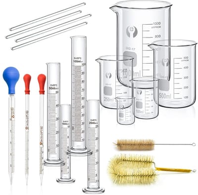 bekerglas en cilinder-pipetset, 5 stuks dikwandige gegradueerde bekers, 4 stuks glasmaatcilinders met 3 stuks glazen meetpipetten, 4 stuks glazen roerstaaf en 2 stuks wasborstel