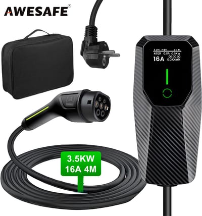 Awesafe Laadkabel Auto - Mobiele Thuislader EV-Lader Type 2 - Geschikt Voor Elektrische Auto - 3.5 kW - Waterdicht - 4M - 6A/8A/10A/13A/16A Schakelbaar - Met handtas - Zwart