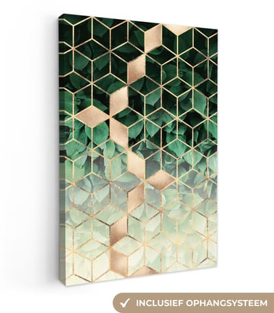 Canvas schilderij 20x30 cm - Wanddecoratie Bladeren - Goud - Patronen - Kubus - Luxe - Muurdecoratie woonkamer - Slaapkamer decoratie - Kamer accessoires - Schilderijen op canvas