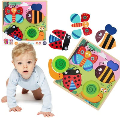 HOUTEN puzzel voor kinderen, GROTE educatieve puzzel, Dieren in de tuin 8m+ Bam Bam