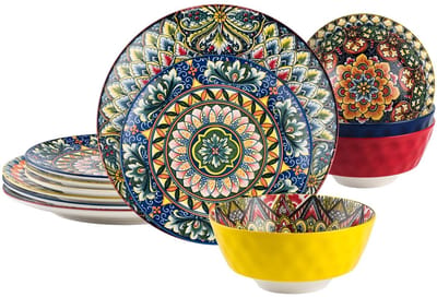 Dailygoody - Tafelservies - Porseleinen serviesset - 12-delig voor 4 personen - Bont - Bohemian stijl - Vaatwasserbestendig - Magnetron geschikt