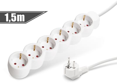 Witte 6-voudige stekkerdoos 1,5 meter kabel - verlengsnoer, power strip, verdeeldoos, met dikke isolatie - CEE 7/7 stekker en 6 beschermde contactdozen, 16A, 250V AC [20210]