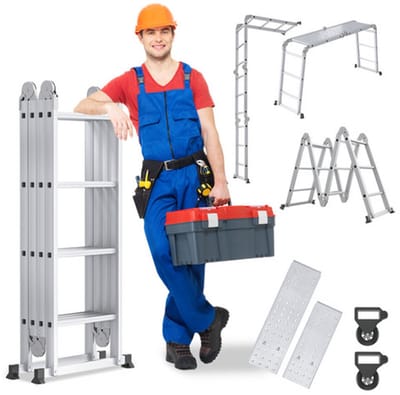 4 x 3 Treden - 6 in1 Ladder, Multifunctionele Ladder, aluminium scharnierladder, vouwladder, multifunctionele ladder, aluminium ladder, combiladder met platform,Belastbaar tot 150 kg-340 cm