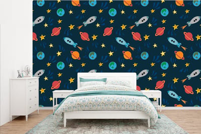 Behang - Fotobehang Patronen - Aarde - Ruimte - Raket - Jongens - Kinderen - Jongetje - Kids - Breedte 385 cm x hoogte 240 cm