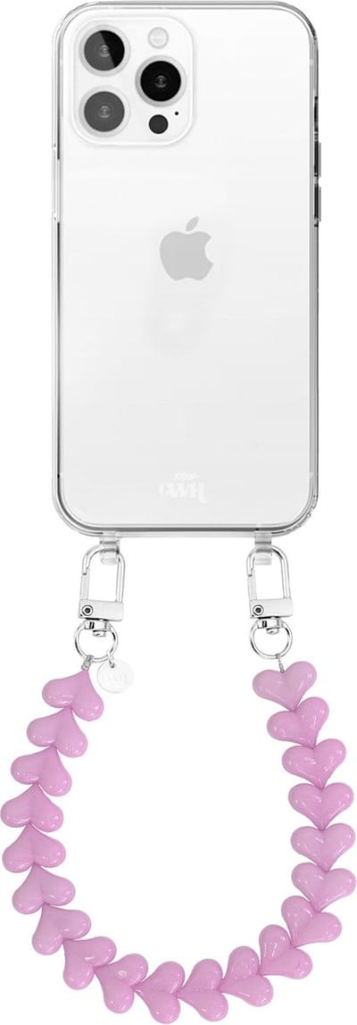 xoxo Wildhearts siliconen hoesje - Geschikt voor iPhone 15 Pro Max hoesje - Funky Hearts - Telefoonhoesje - Hoesje met koord - roze koord - kort telefoonkoord - Hartjes ketting - Transparant hoesje