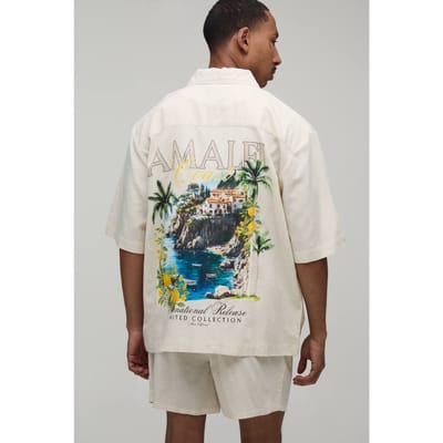 Oversized Shirt Met Korte Mouwen En Relaxed Short Met Locatieprint | Natural | Size XS