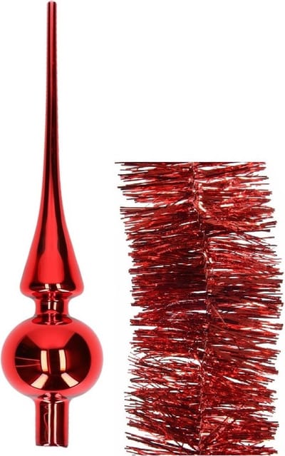 Kerstversiering glazen piek glans 26 cm en folieslingers pakket rood van 3x stuks - Kerstboomversiering