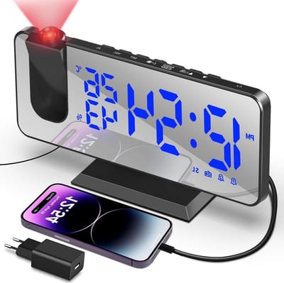 Alarmklok - Digitale Wekker - Radioklok - 20,2B x 5H CM - USB Aansluiting - Projector Functie - Zwart Blauw