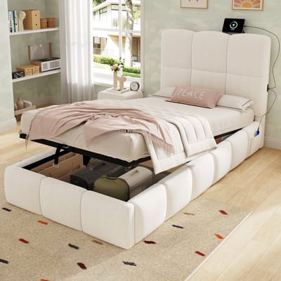 PHOEBE CAT Kinderbed - 90 x 200 cm - Opbergruimte - USB-oplaadpoort - Velvet - Beige