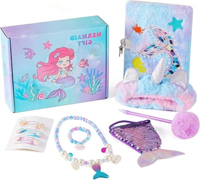 Pluche Dagboek met Slot in Zeemeerminstaal, Geheime Notitieboek voor Meisjes, Compleet met Haarbanden, Haarspelden en Sieraden als Cadeau voor Kinderen
