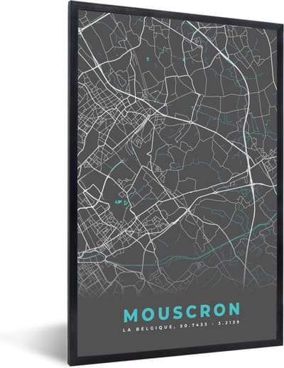 Fotolijst incl. Poster - Kaart – Plattegrond – Stadskaart – Mouscron – België - Grijs - 40x60 cm - Posterlijst