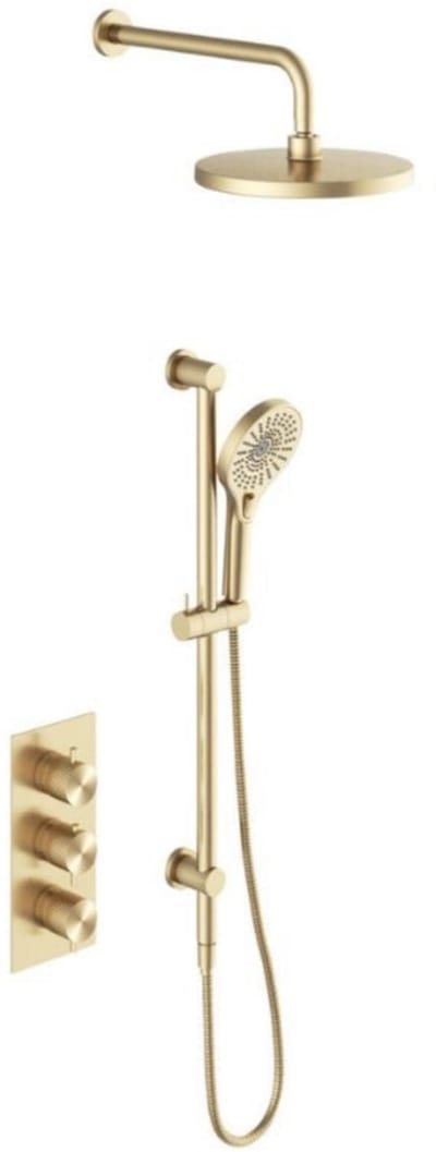 Owen & Finch Messing Doucheset | Geborsteld Champagne Goud | Brushed Champagne Gold (PVD) | Thermostaatkraan met Diamantkarteling, Handdouche & Regendouche Ø250mm