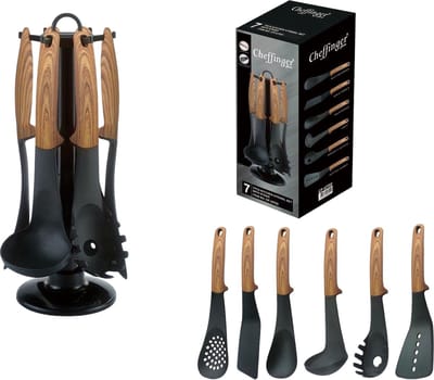 Cheffinger Keukengerei Set - 7-delig - Hout - 360° Draaibare Standaard - Kookgerei Set