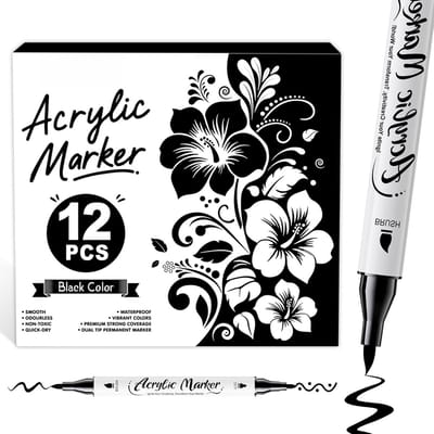 PromoHome 12 Zwart Dubbelpunt markeerstiften Acryl Markeerstiften - acrylmarkers, verfpennen, acrylpennen, waterdicht, niet-toxisch, geurloos, fijne en penseelpunten voor papier, aardewerk, stenen