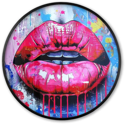 Poster in lijst Rond - Fotolijst 60x60 cm - Posters - Graffiti - Lippen - Felroze - Geschilderd - Ronde posterlijst zwart - Decoratie - Wanddecoratie woonkamer - Muurdecoratie slaapkamer