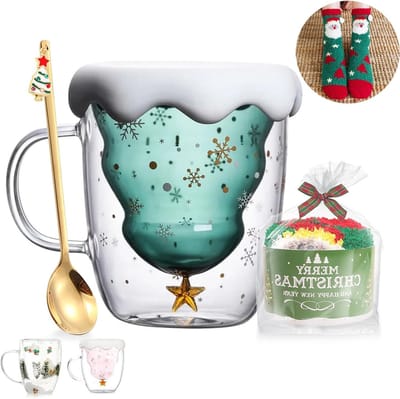 Schattige kerstmok voor koffie en thee - Dubbelwandige geïsoleerde glazen espresso kopjes voor een gezellige winterse sfeer