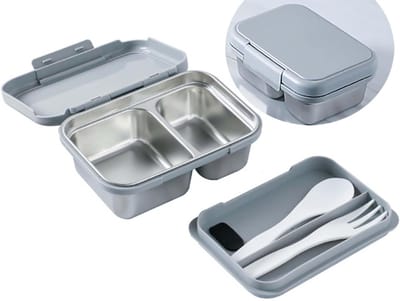 Famanu – Roestvrijstalen bentobox - magnetronbestendig - lekvrij - lunchbox met onderverdelingen - Japanse broodtrommel - metalen lunchcontainer - vaatwasmachinebestendig - 800 ml (grijs)