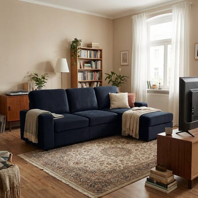 REDOM - Hoekbank met opbergruimte en ottomane - Moderne bank voor in de woonkamer - Comfortabel en ruim - Polyester - Zwart - 245,5 x 150,5 x 86,5 cm