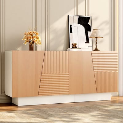 Sweiko Dressoir - Halmeubel - Geometrisch groefpatroon - Verstelbare planken - Natuurlijke + Wit
