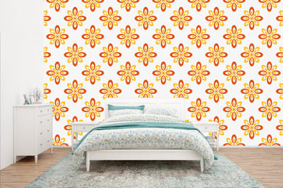 Behang - Fotobehang Patroon - Jaren 70 - Bloemen - Oranje - Breedte 400 cm x hoogte 240 cm